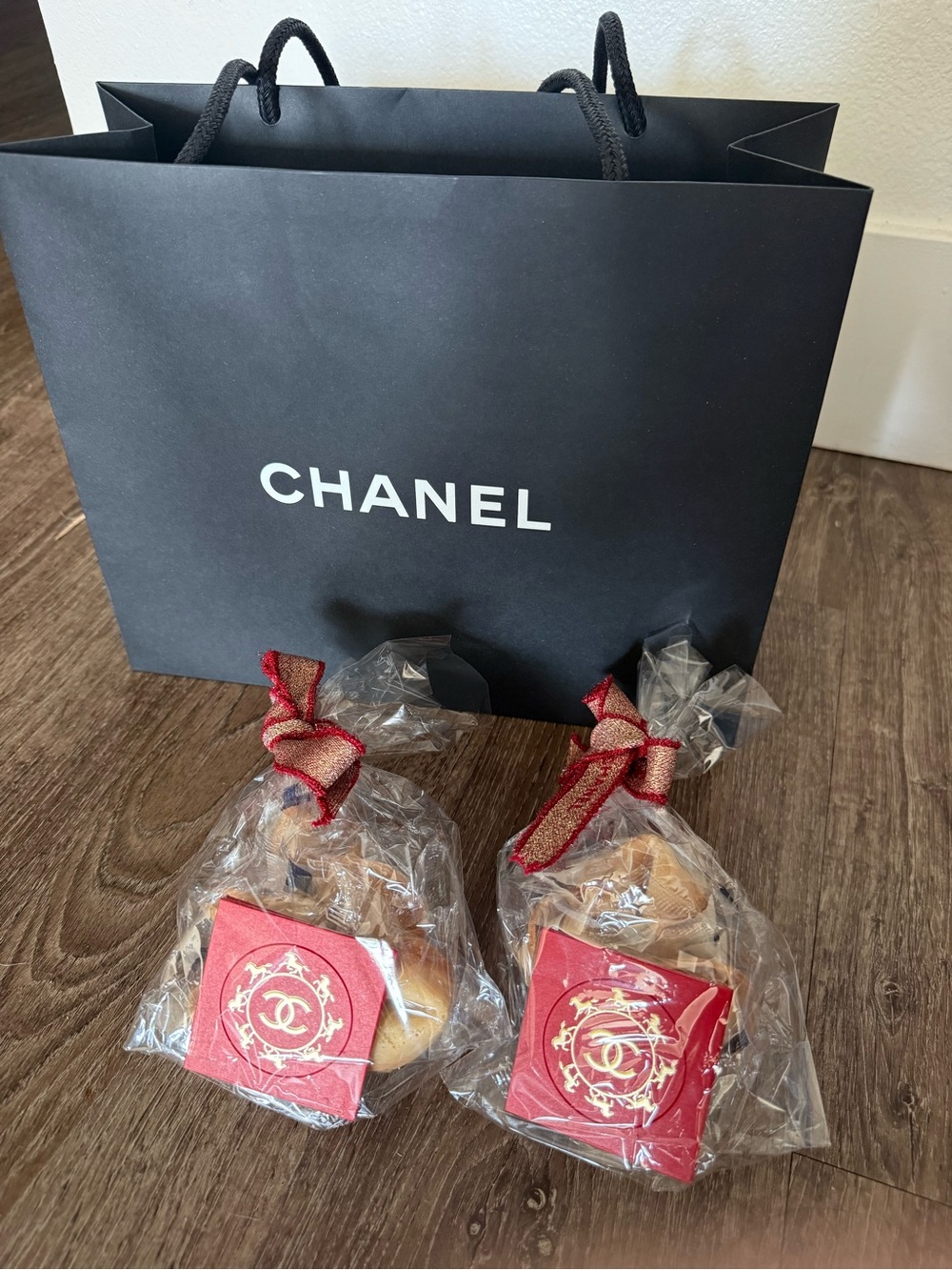 CHANEL Black Shopping Bag with Red-Accented Wrapped Fortune Cookies
